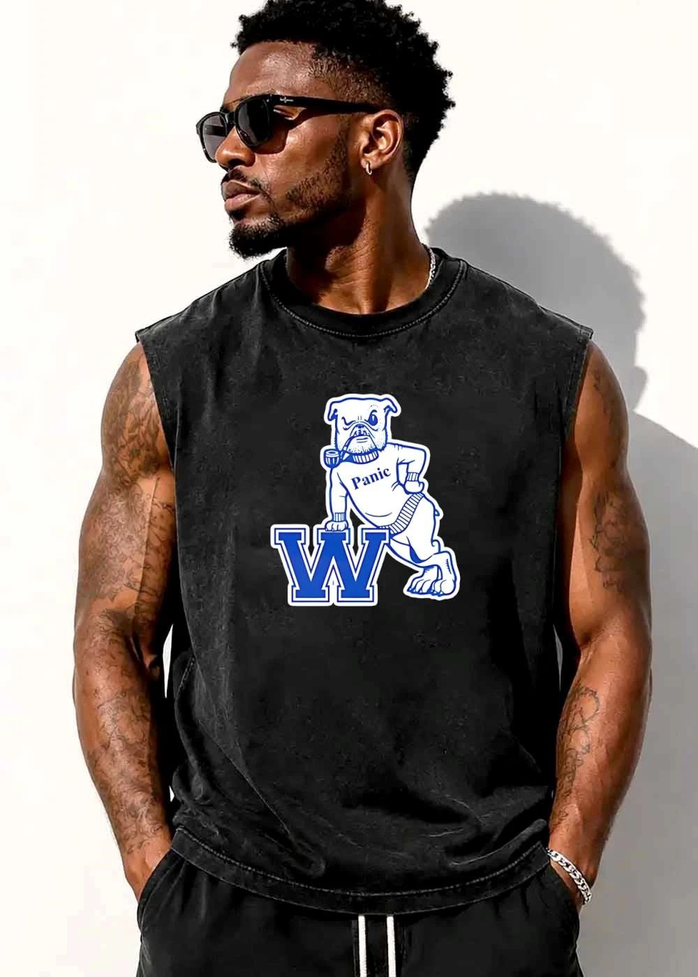 Panic Vintage Cartoon Bulldog Smoking Pipe Leaning On Block Letter W shirt
