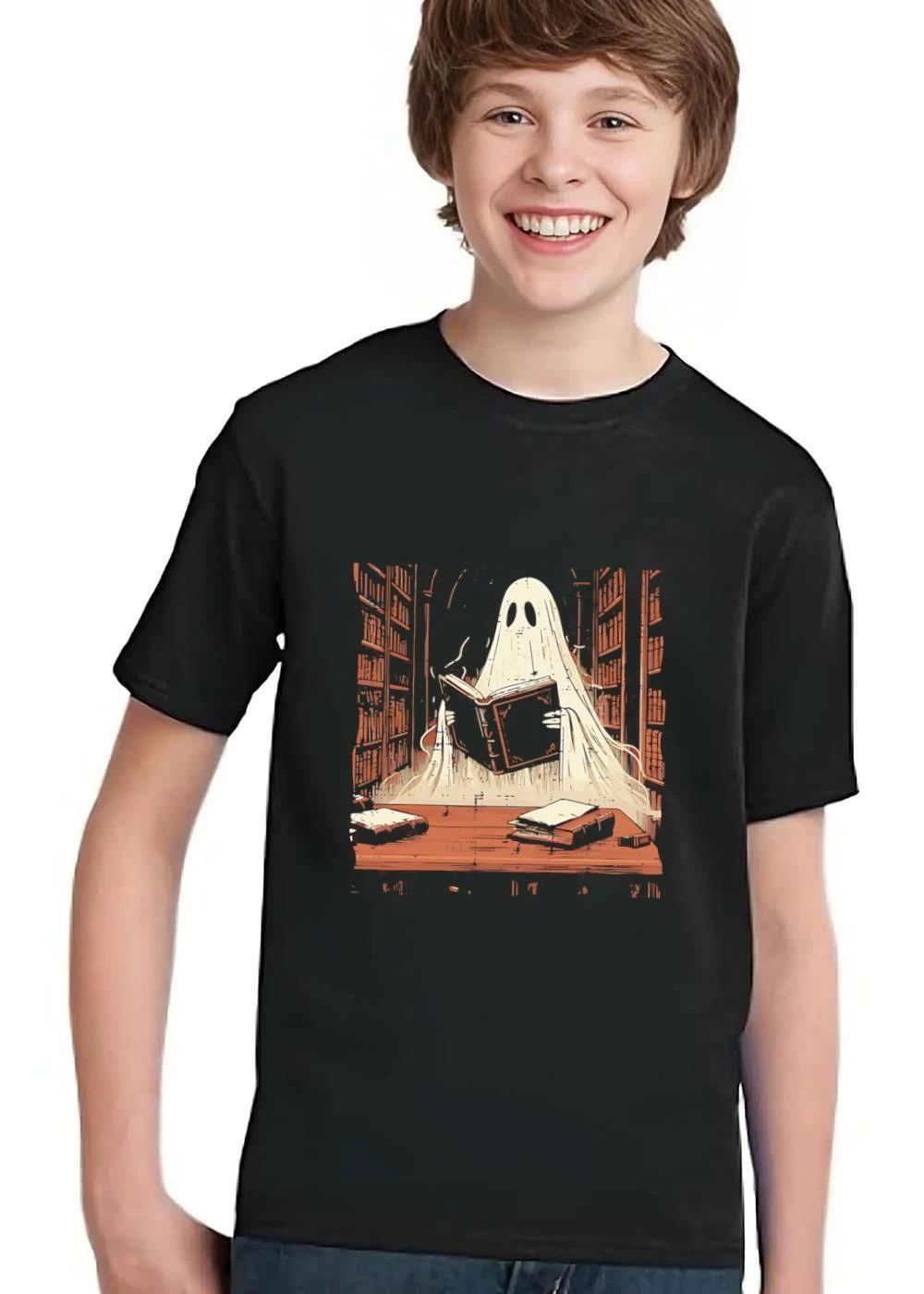 Ghost Reading Open Book Spooky Dark Library Bookshelves Cartoon shirt
