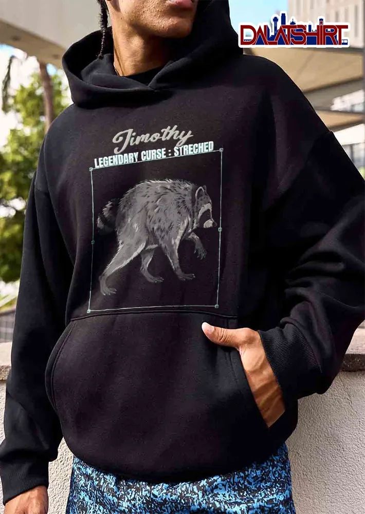 Timothy Legendary Curse Streched Cartoon Raccoon Walking Black Background shirt