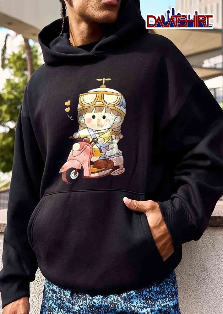 Cartoon Girl Propeller Helmet Goggles Riding Pink Moped Scooter Hearts Watercolor shirt