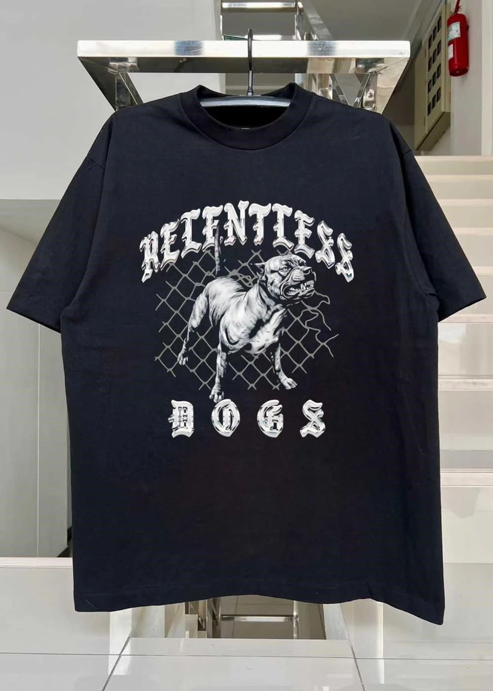Relentless Dogs Snarling Pitbull Chain Link Fence Chrome Text shirt