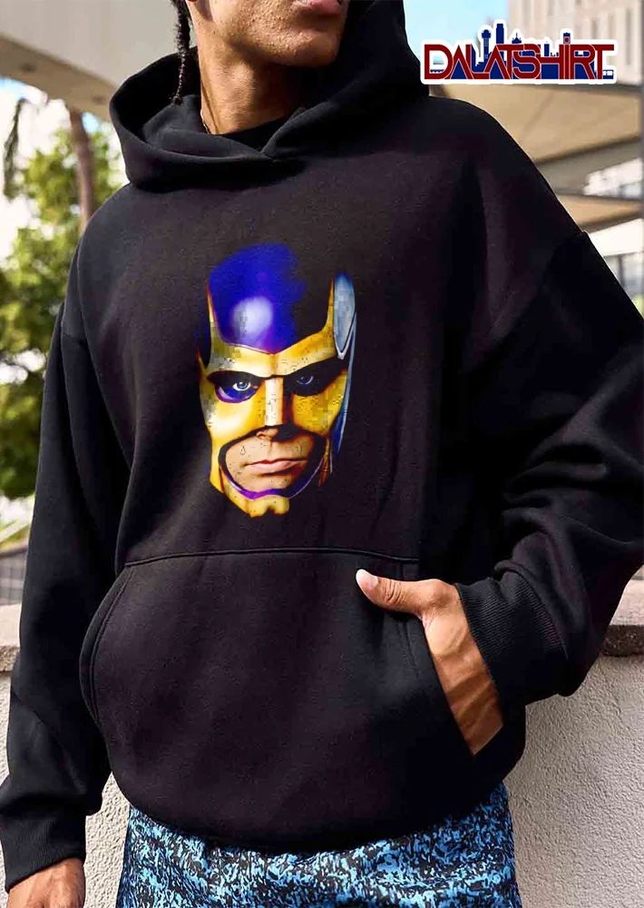 Realistic Painted Purple Gold Superhero Mask Face Close Up Portrait shirt