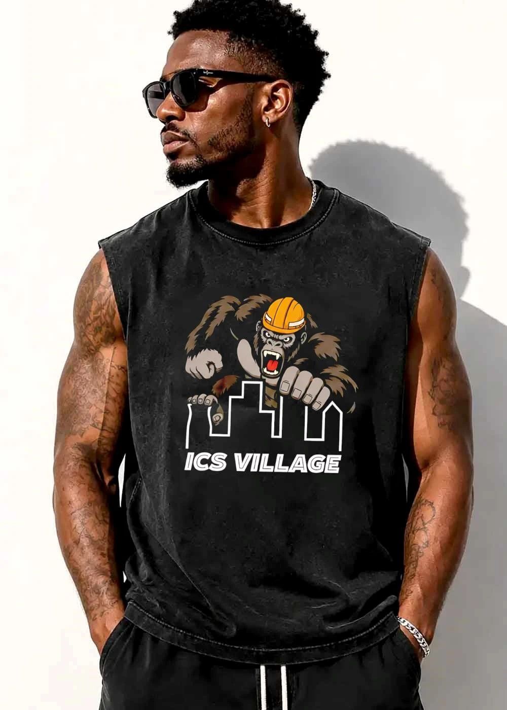 Ics Village Roaring Gorilla Hard Hat City Skyline Outline shirt