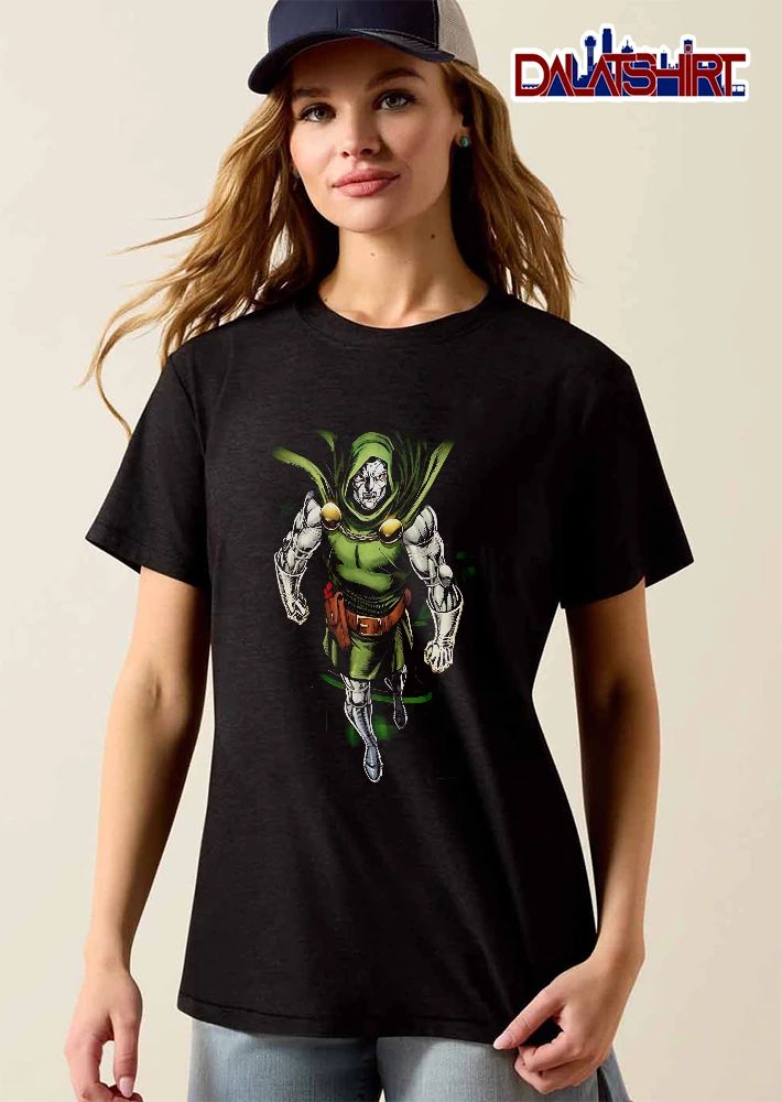 Doctor Doom Walking Forward In Metallic Armor Green Hooded Cloak shirt