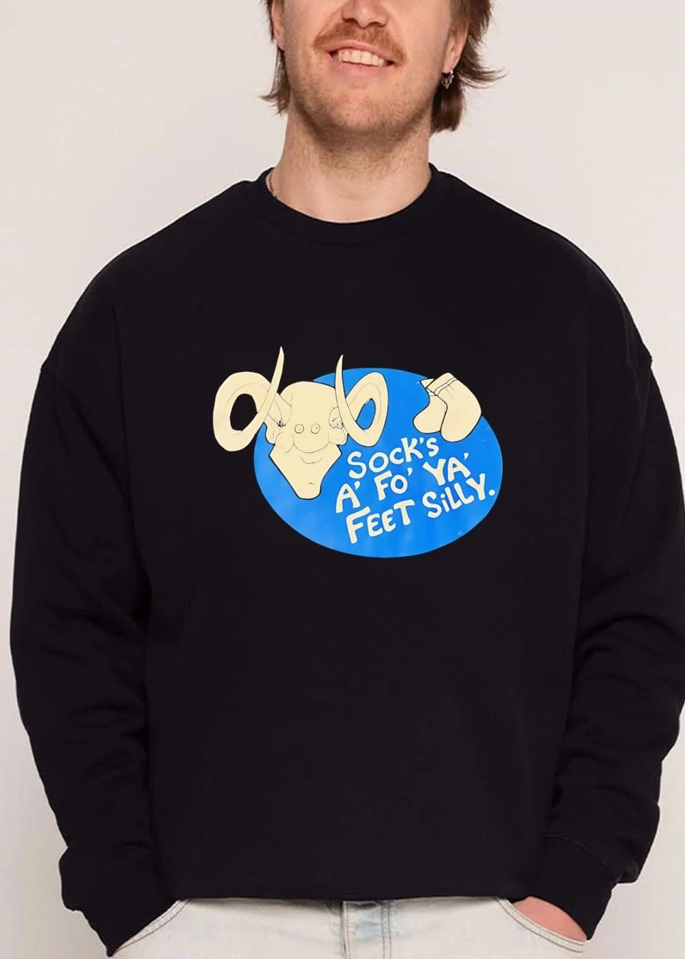 Socks A Fo Ya Feet Silly Cartoon Smiling Ram Head Blue Oval shirt