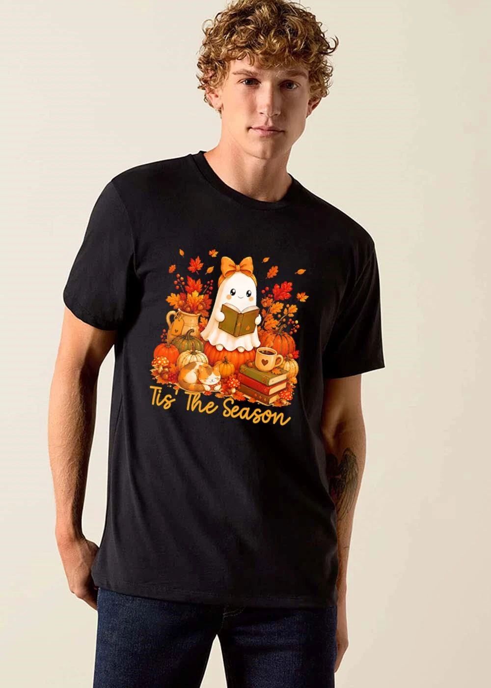 Tis The Season Cute Ghost Reading Book Pumpkin Sleeping Cat Leaves shirt