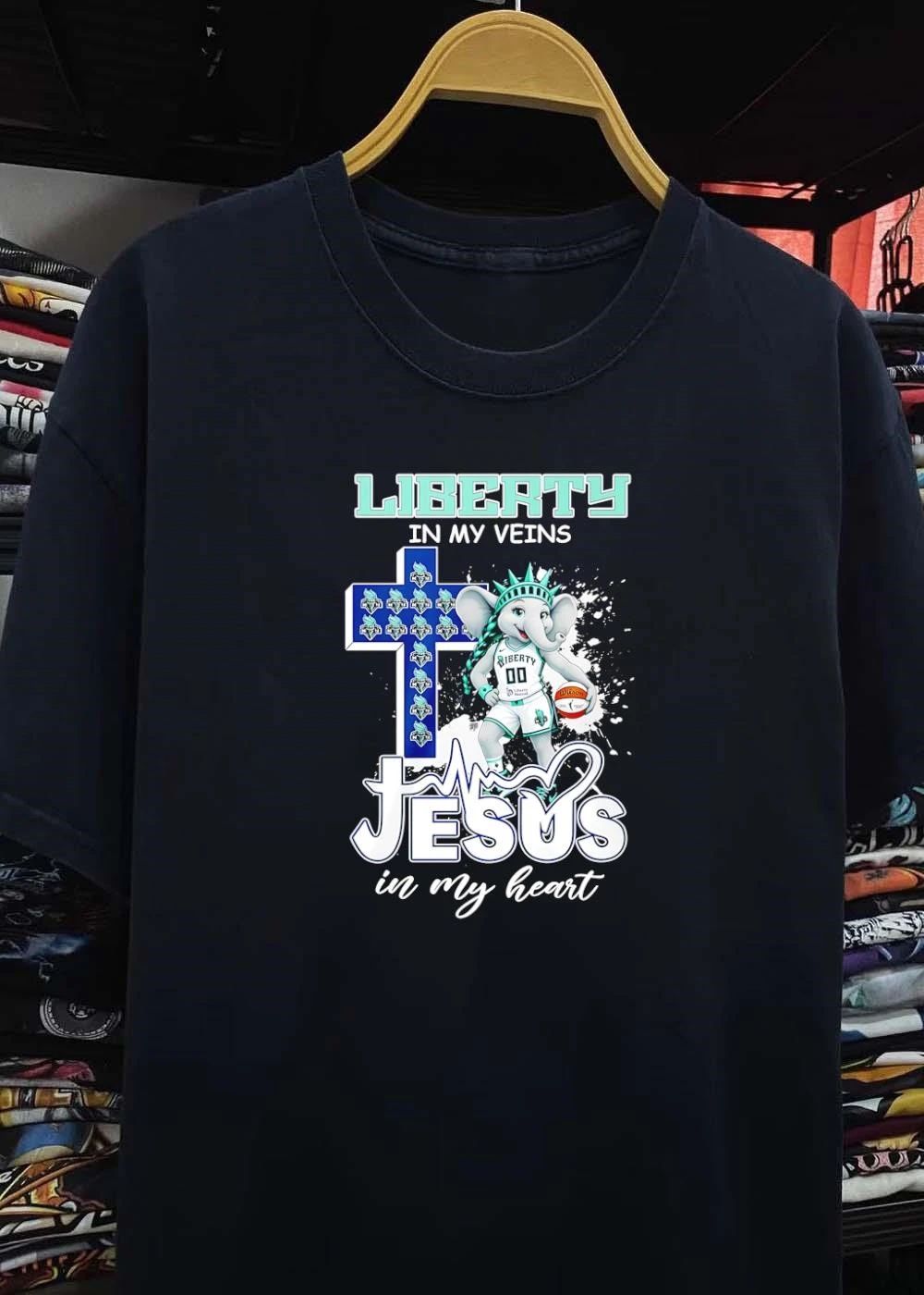 New York Liberty WNBA In My Veins Jesus Heart Cartoon Elephant Mascot Cross Heartbeat Line shirt