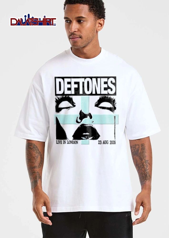 Deftones Live In London 23 Aug 2026 Stylized Face Lips Light Blue Cross shirt