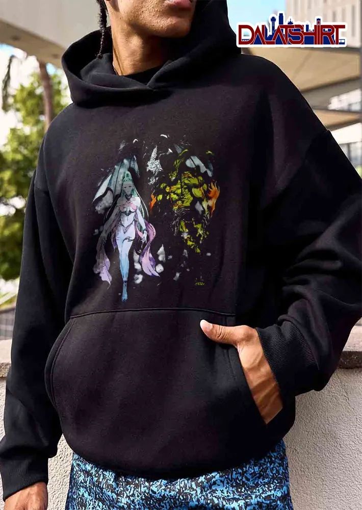 Pale Fantasy Ice Goddess Green Fiery Demon Dark Wings Black Background shirt