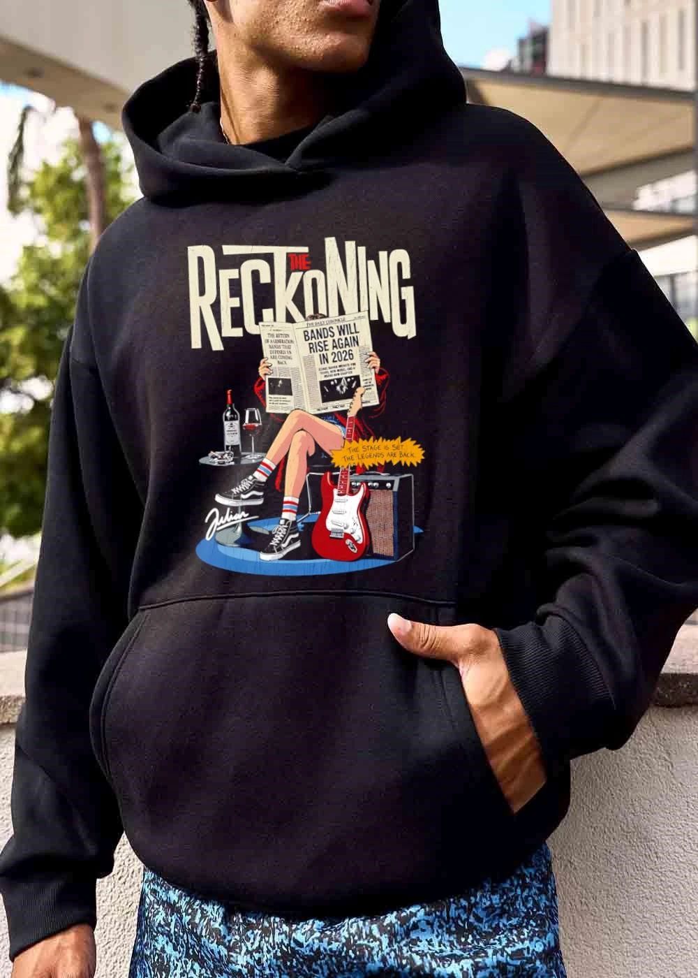 The Reckoning Bands Will Rise Again Julian 2026 Woman Reading Newspaper Red Electric Guitar Amp shirt