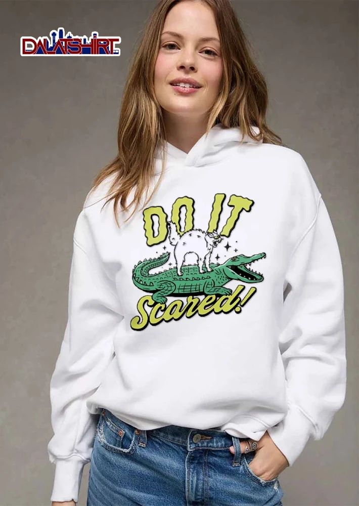 Do It Scared Cartoon White Cat Wearing Sunglasses Standing On Green Alligator Stars shirt