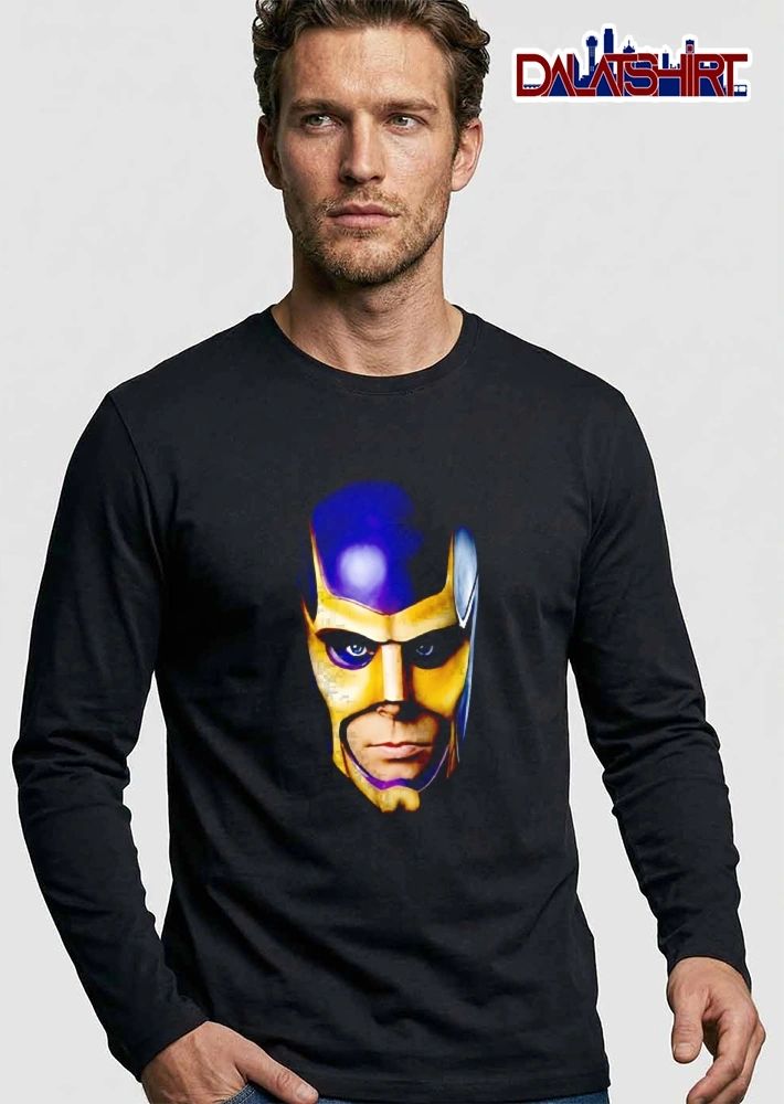 Realistic Painted Purple Gold Superhero Mask Face Close Up Portrait shirt