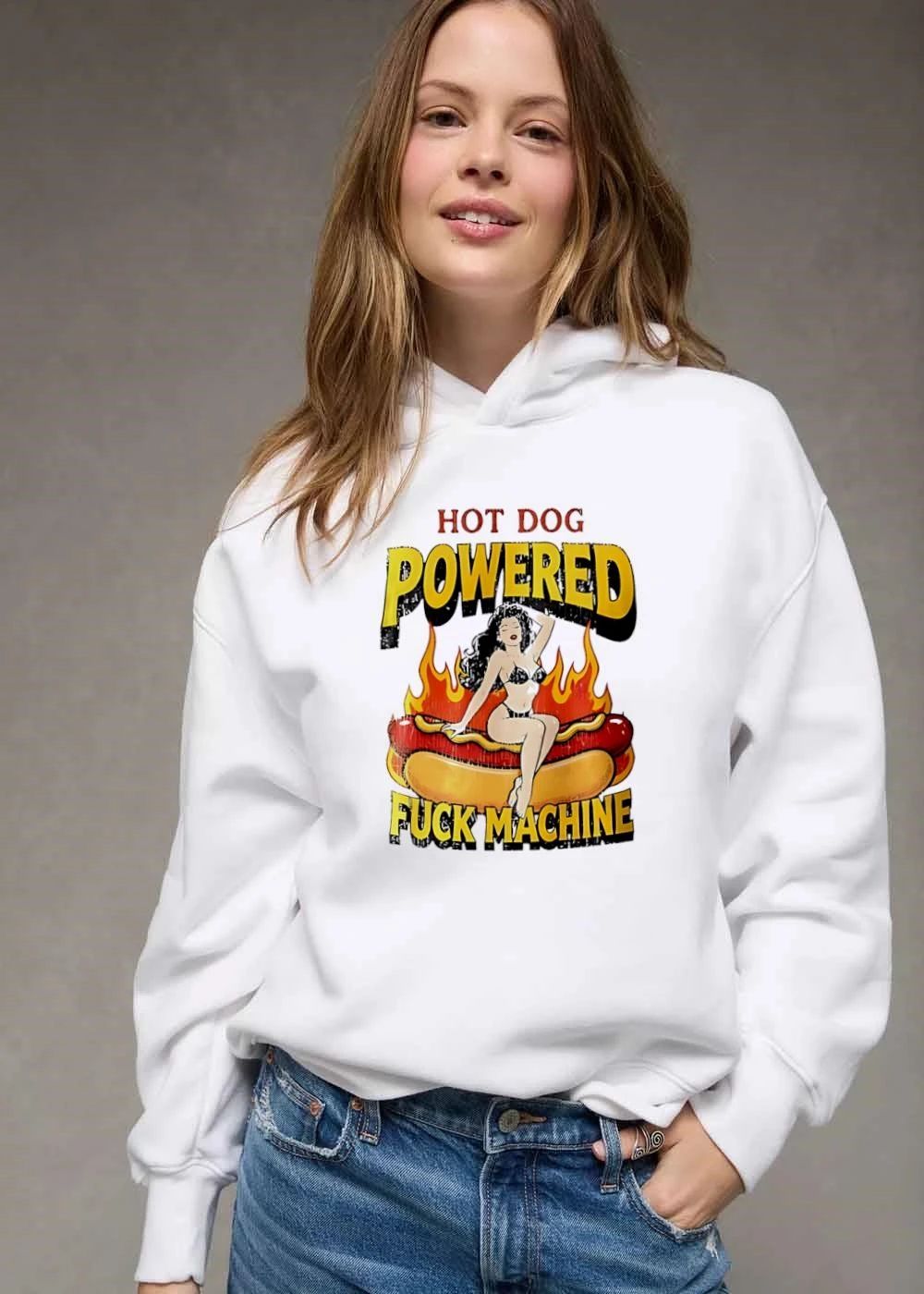 Dog Powered Fuck Machine Bikini Pinup Girl Mustard Flames Distressed shirt
