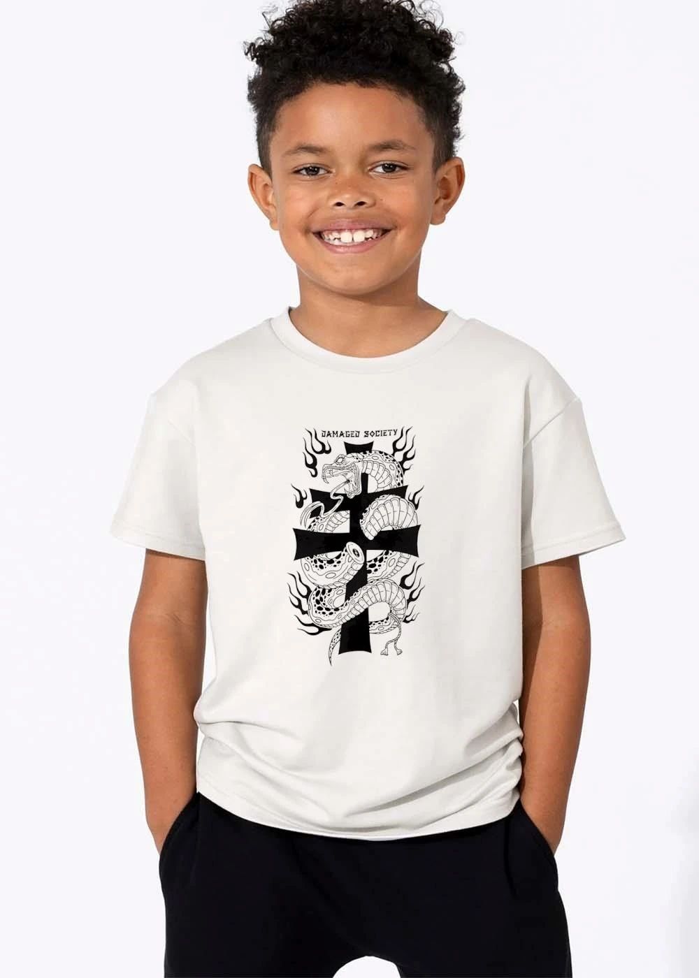 Damaged Society Snake Coiled Around Black Cross Flames Line Art shirt