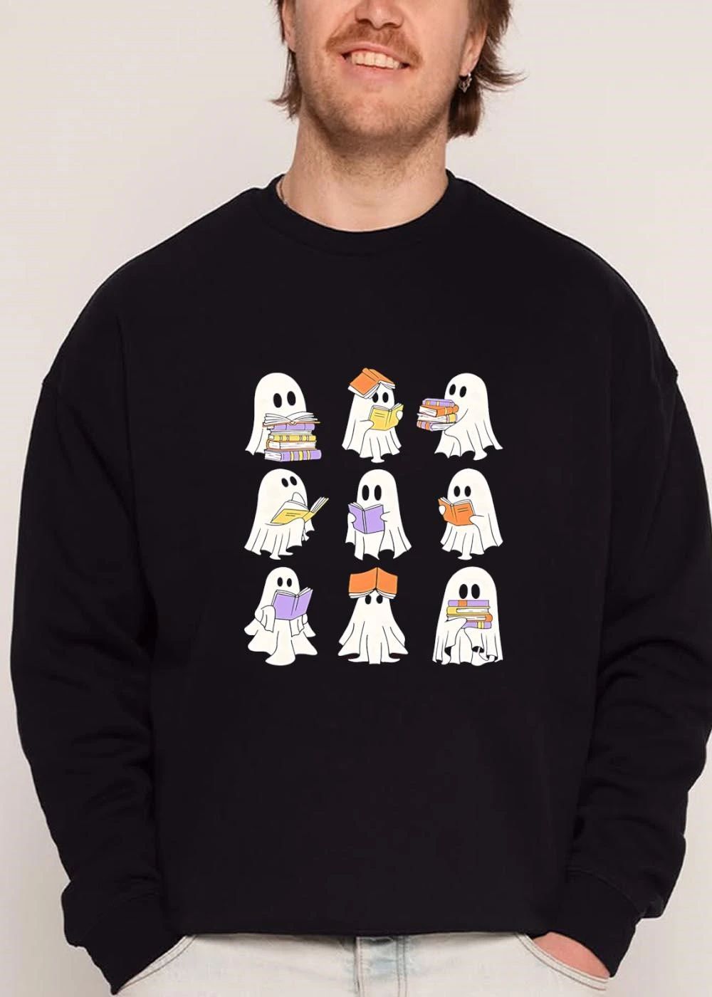 Nine Cartoon Ghosts Reading And Holding Stacks Of Books Grid shirt