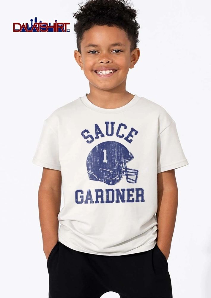 Sauce Gardner Distressed Vintage Blue Football Helmet Number 1 shirt