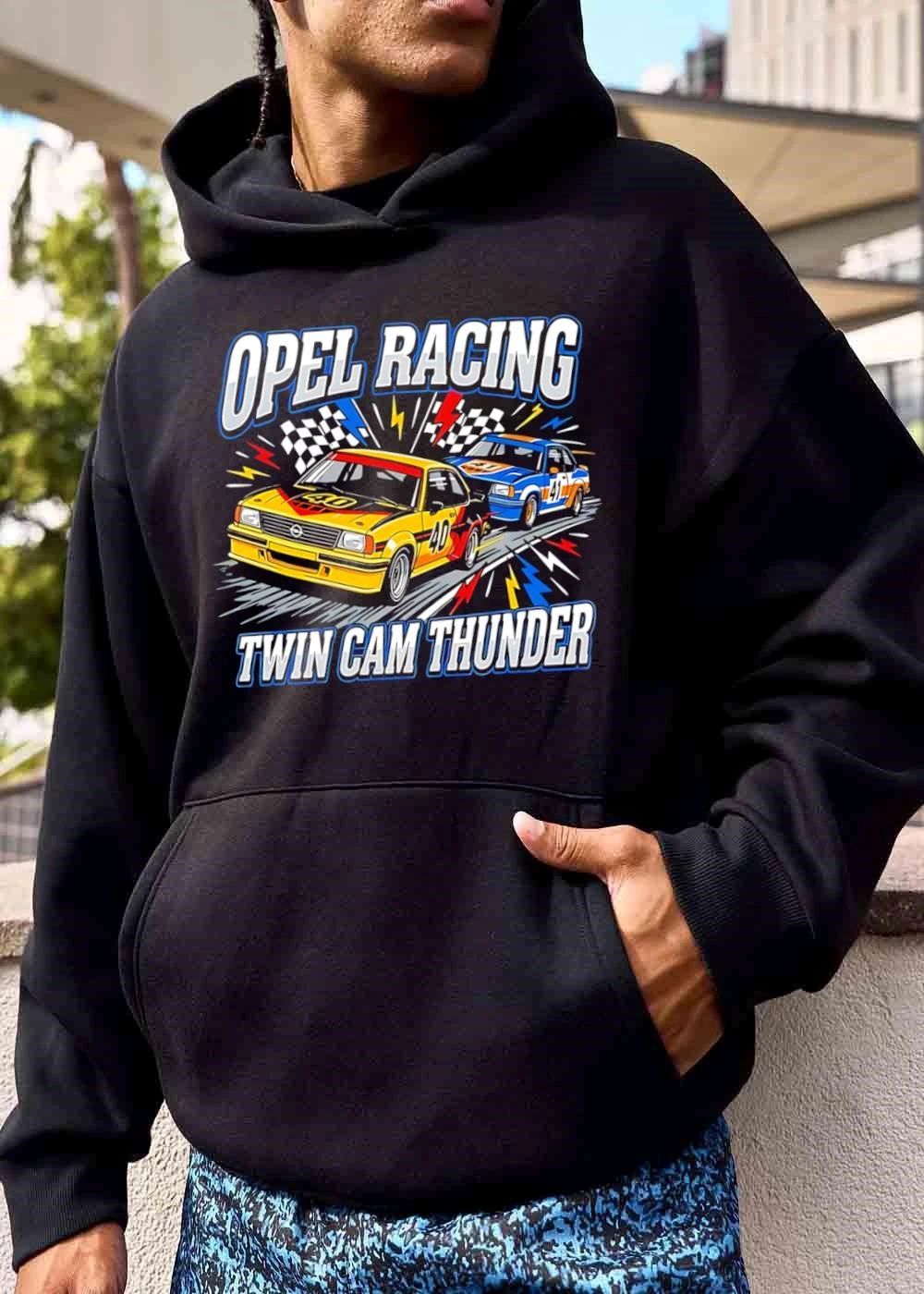 Opel Racing Twin Cam Thunder Yellow Blue Race Cars Checkered Flags Lightning shirt