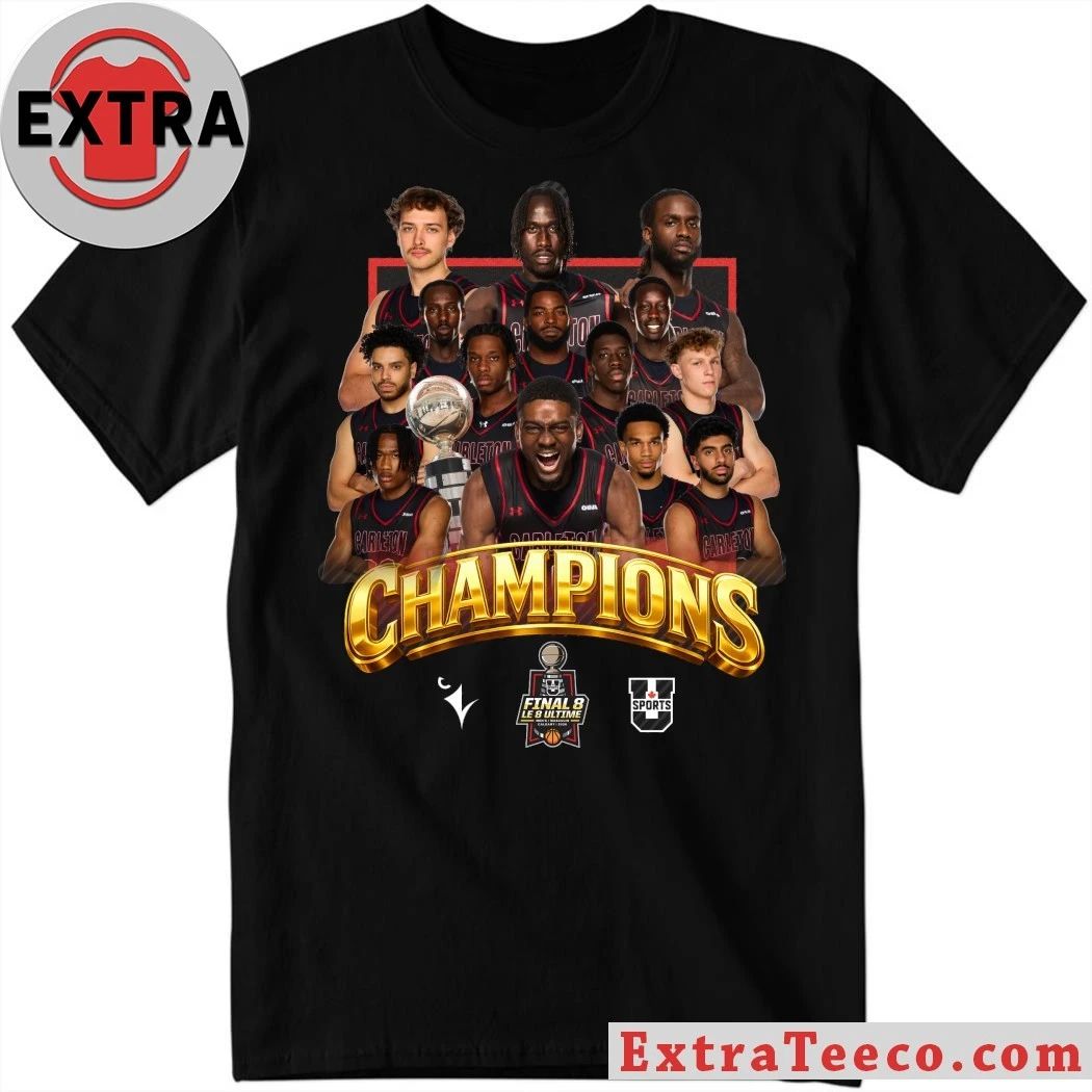 The Carleton Ravens men’s basketball team celebrated their victory Shirt
