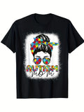 Autism Mom Life Messy Bun Graphic T-Shirt - Black Casual Short Sleeve Cotton Tee