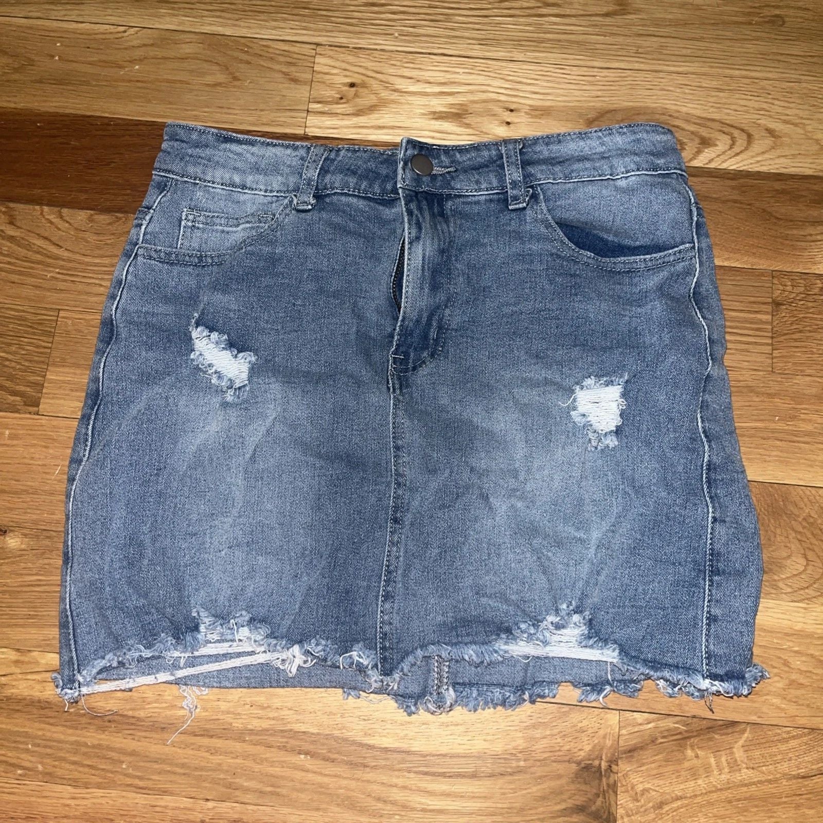 Gobles Mid Waist Zipper Closure Frayed Raw Hem Ripped Mini Denim Medium Skirts Q