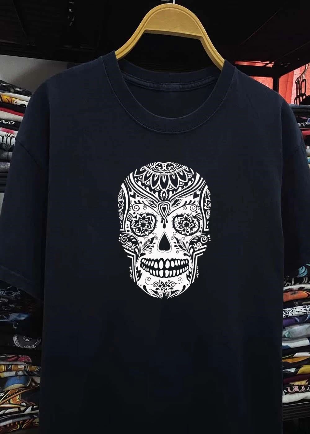 Sugar Skull Artistic Decorative Pattern Detailed Black and White Shirt