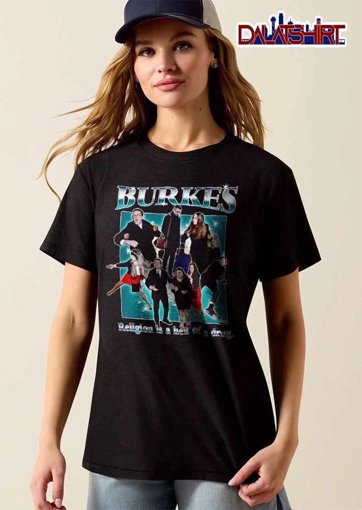 Burkes Religion Is A Hell Of Drug Photo Collage Figures Teal Stars Bootleg shirt