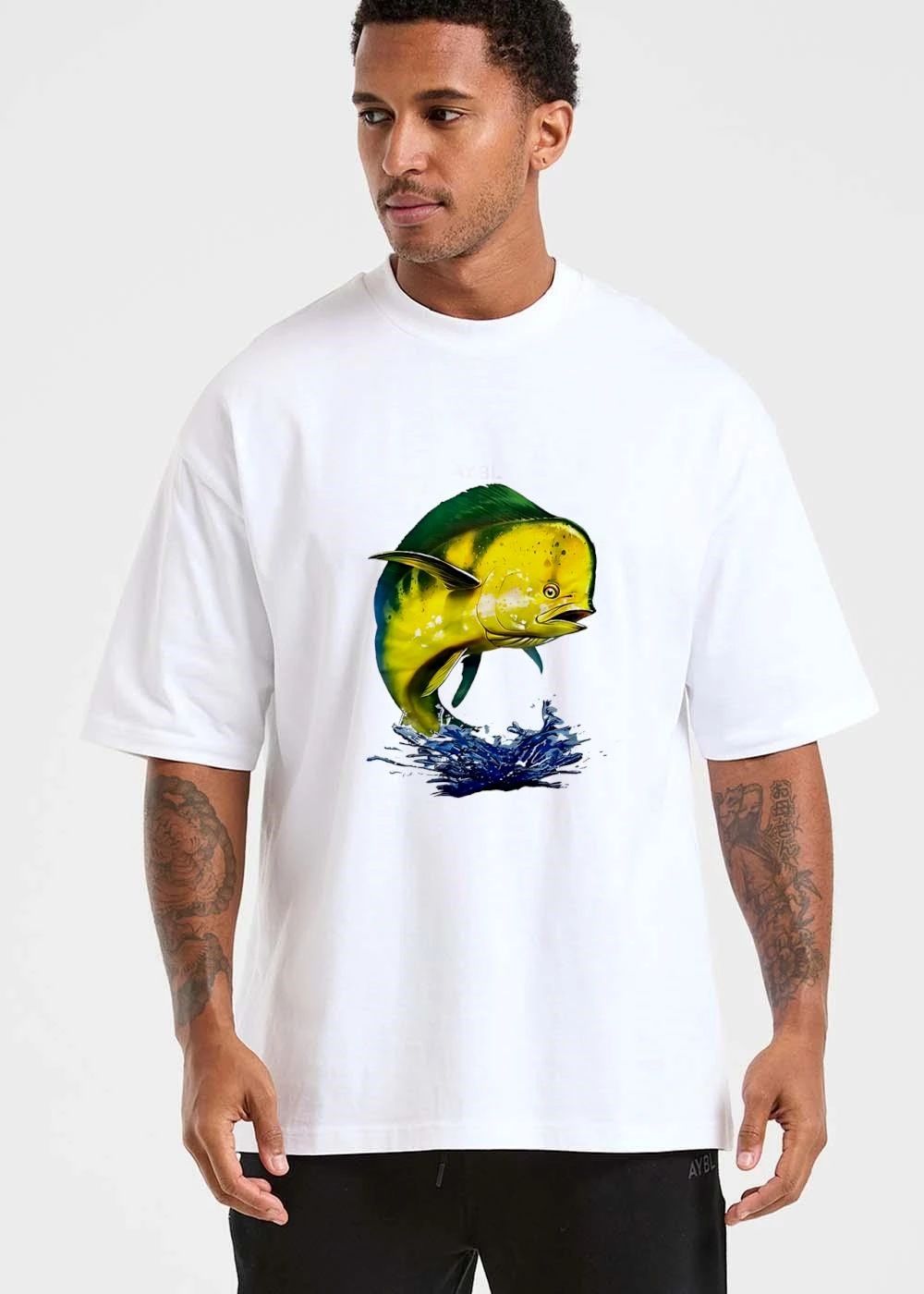 Bright Yellow Green Mahi Jumping Splashing Blue Water shirt