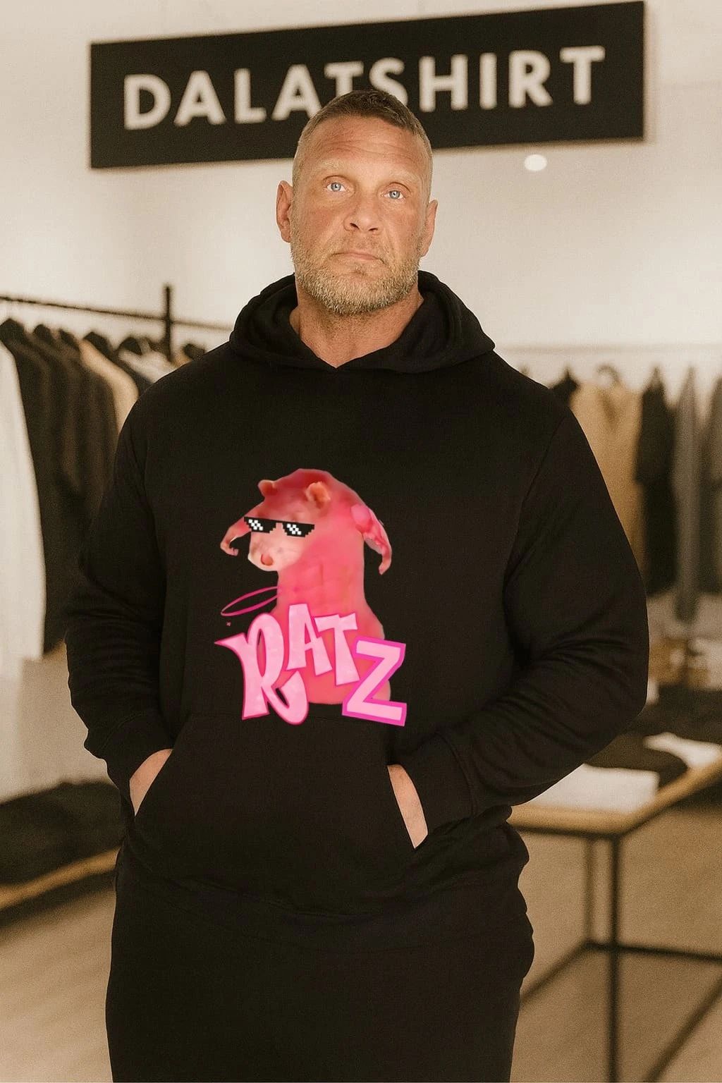 Muscular pink toned rat with pixel thug life sunglasses Bratz doll logo parody RATZ shirt