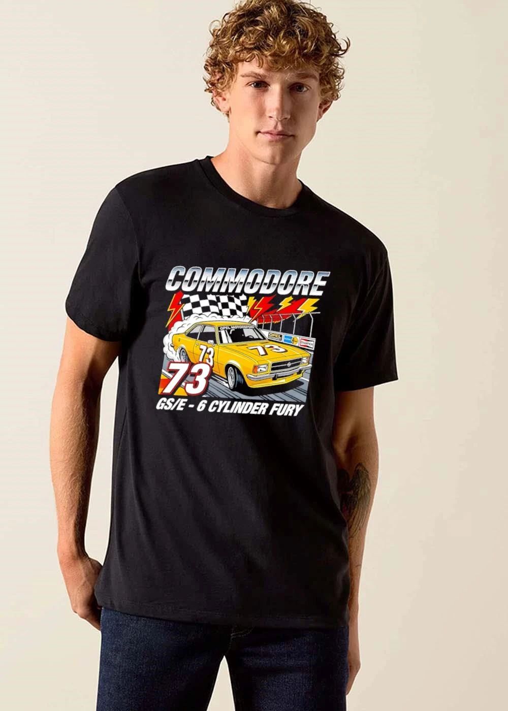 Opel Commodore Gs E 6 Cylinder Fury 73 Yellow Race Car Drifting Checkered Flag Retro Illustration shirt