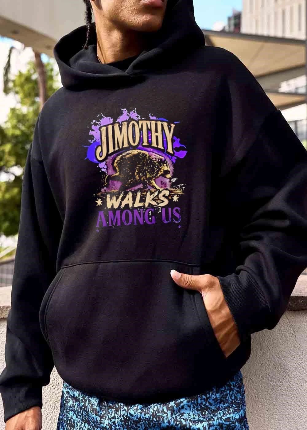 Jimothy Walks Among US Raccoon Purple Paint Splatter Distressed shirt