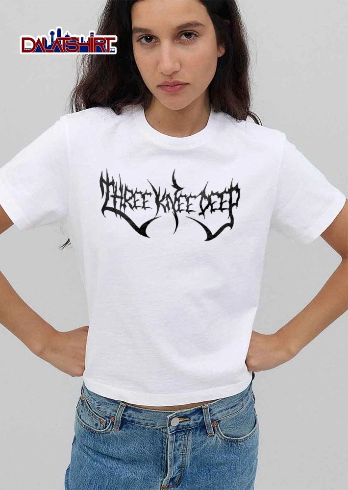 Three Knee Deep Spiky Heavy Metal Band Typography Logo Black White shirt