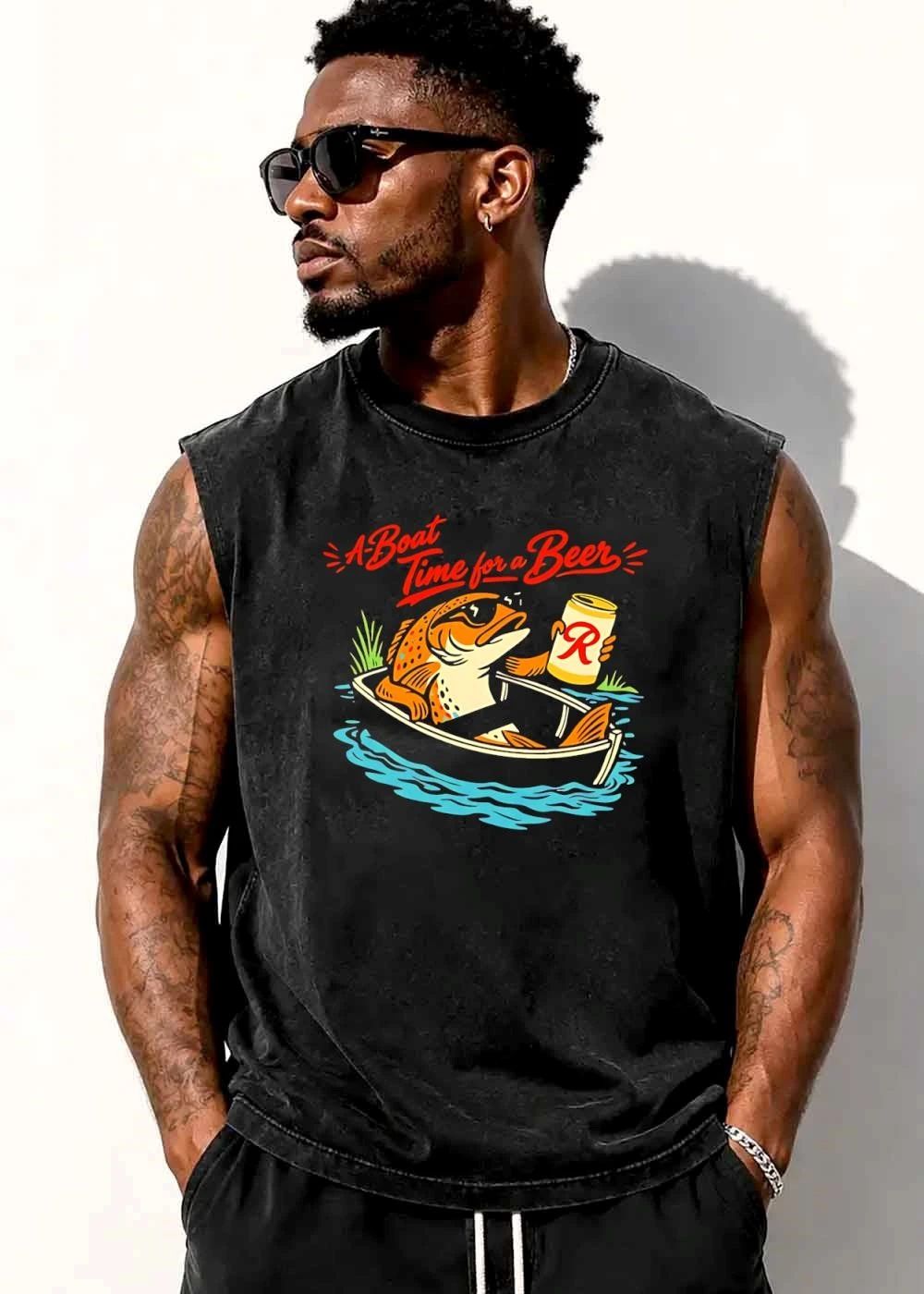 A Boat Time For Beer Cartoon Trout Sunglasses Rowboat Drink Can shirt