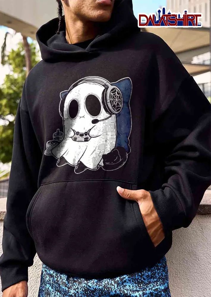 Cute Cartoon Gamer Ghost Wearing Headset Controller Sleeping Black Cat shirt