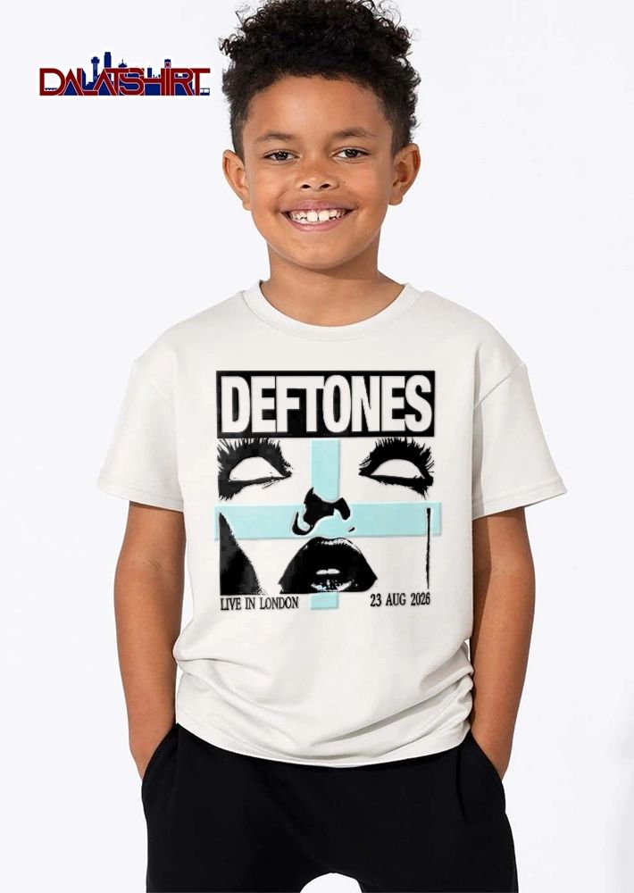 Deftones Live In London 23 Aug 2026 Stylized Face Lips Light Blue Cross shirt
