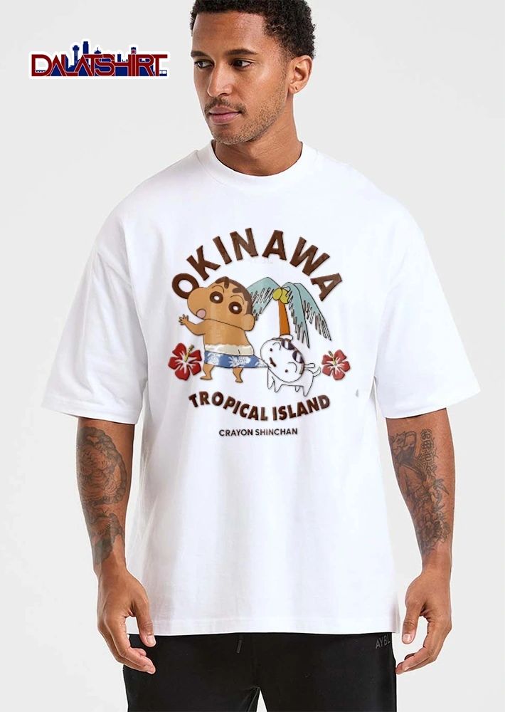 Crayon Shinchan Okinawa Tropical Island Shin Chan Shiro Cartoon Palm Tree Hibiscus Flowers shirt