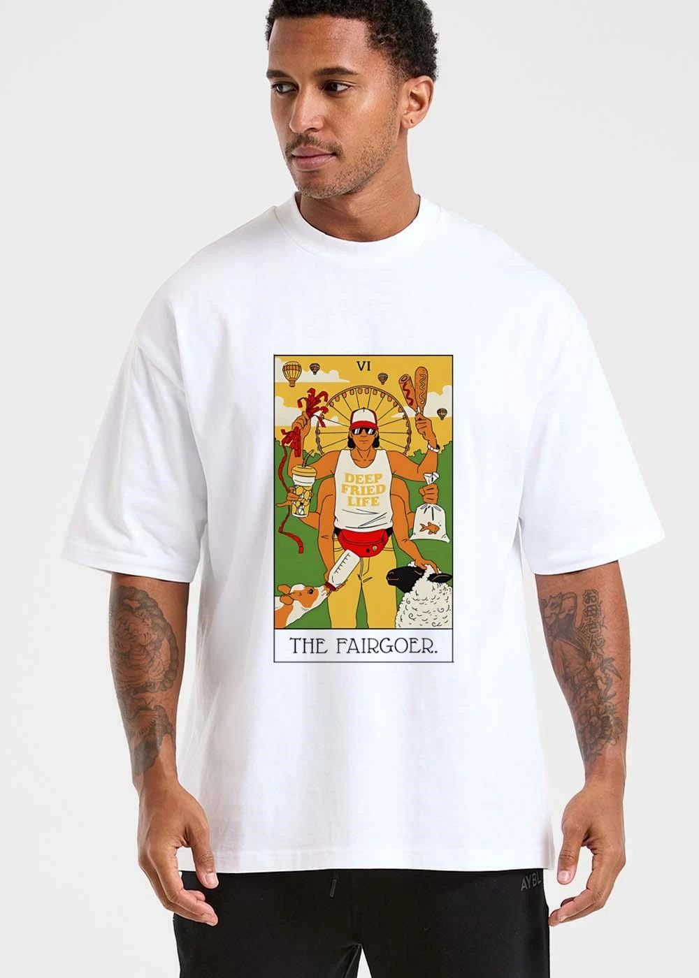 Vi Deep Fried Life The Fairgoer Six Armed Man Carnival Tarot Card Cartoon shirt
