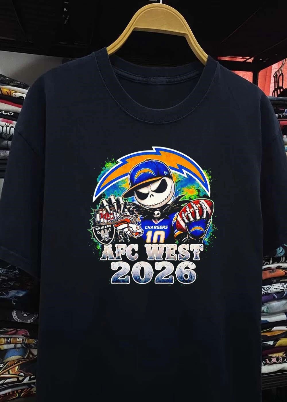 Jack Skellington Holding Football and Cage AFC WEST 2026 Chargers Shirt