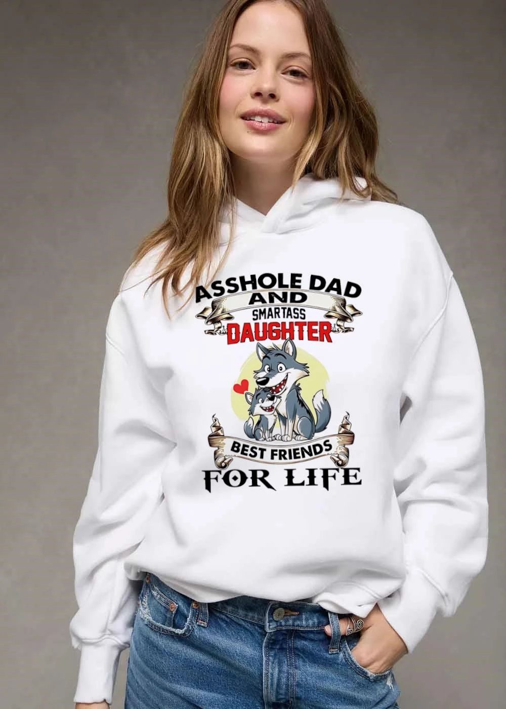 Asshole Dad And Smartass Daughter Best Friends For Life Cartoon Smiling Father Little Wolf Red Heart Ribbon shirt