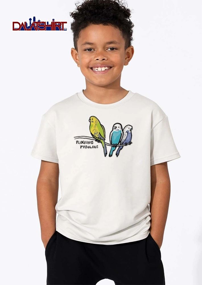 Flocking Fabulous Three Colorful Budgies Sitting On Wire Cartoon shirt