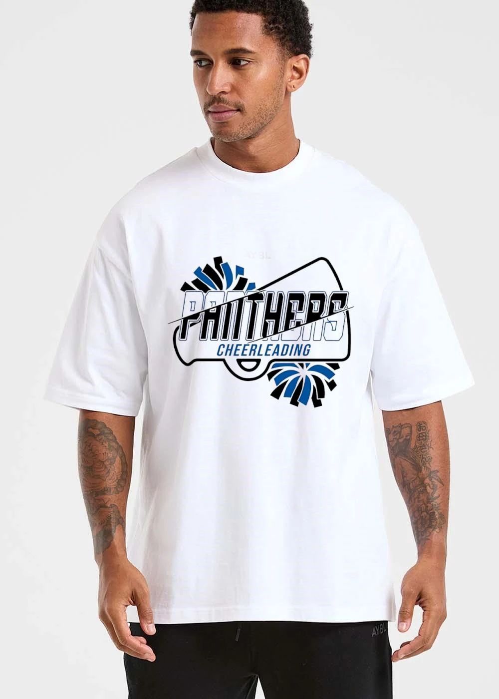 Panthers Cheerleading Megaphone Blue Black Pom Poms Silhouette shirt