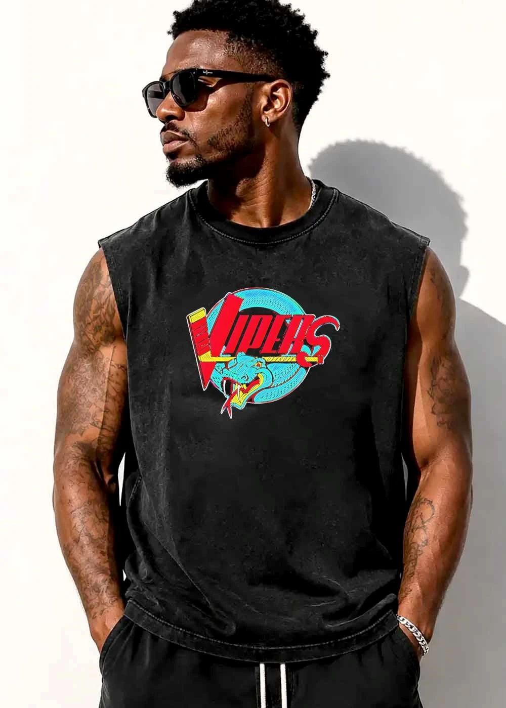 Detroit Vipers Cartoon Blue Snake Biting Hockey Stick Logo shirt