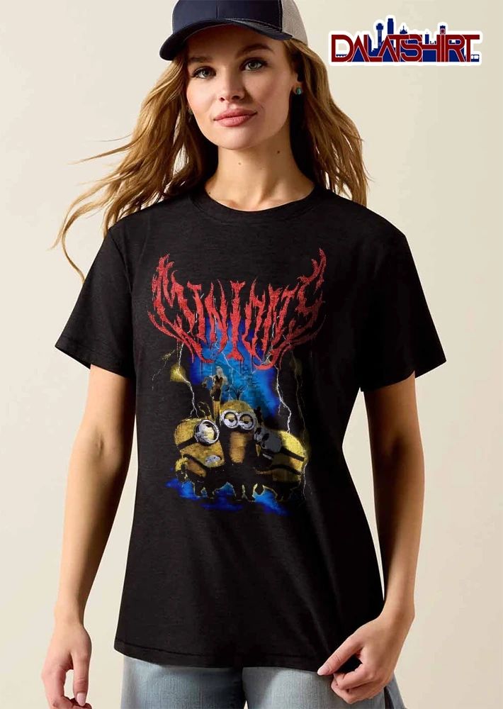 Minions Three Yellow Characters Banana Lightning Blue Background Death Metal shirt