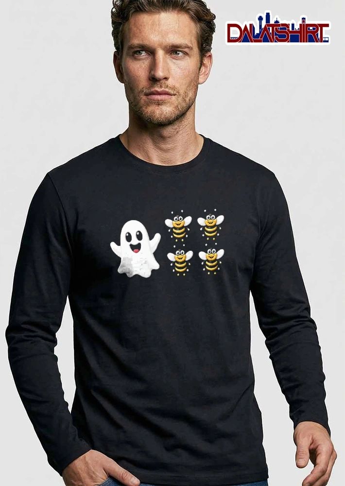 Cute Cartoon White Ghost Waving Four Yellow Bumblebees shirt