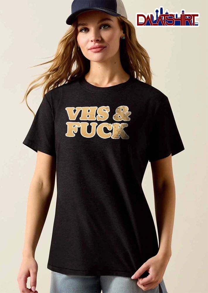 Vhs And Fuck Retro Bubbly Yellow Lettering Scanlines Black Background shirt