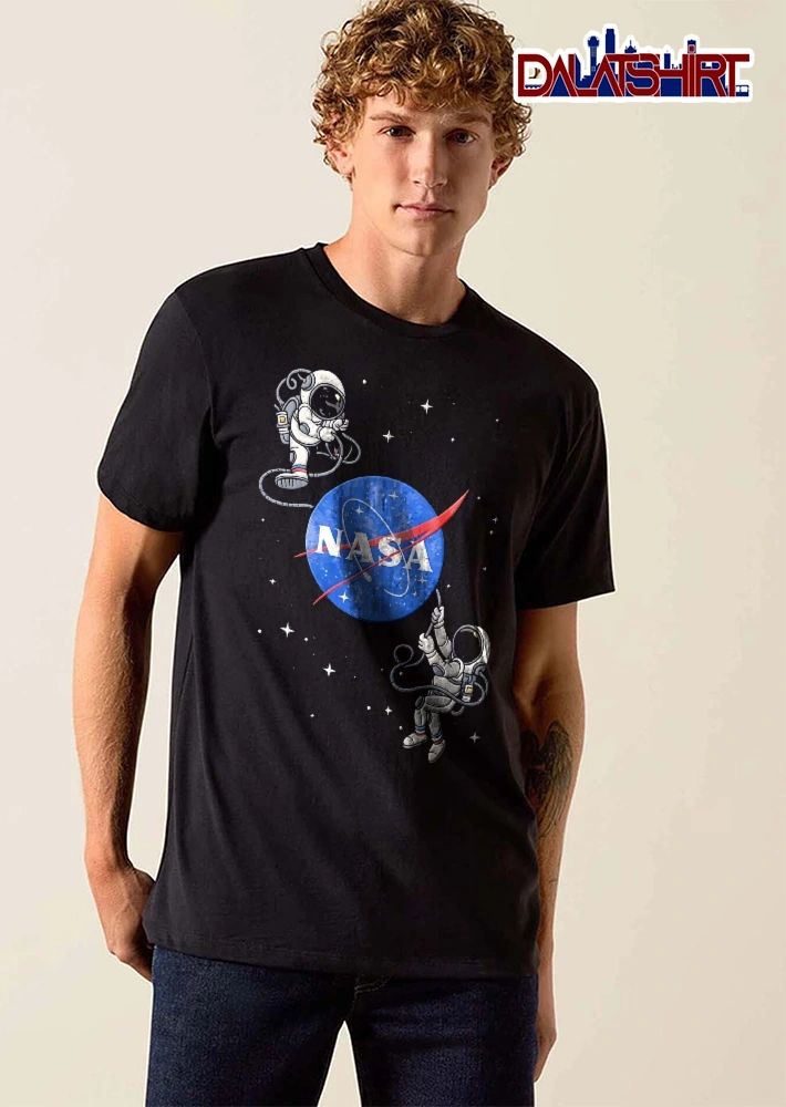 Nasa Two Cartoon Astronauts Spacewalking Floating Space shirt