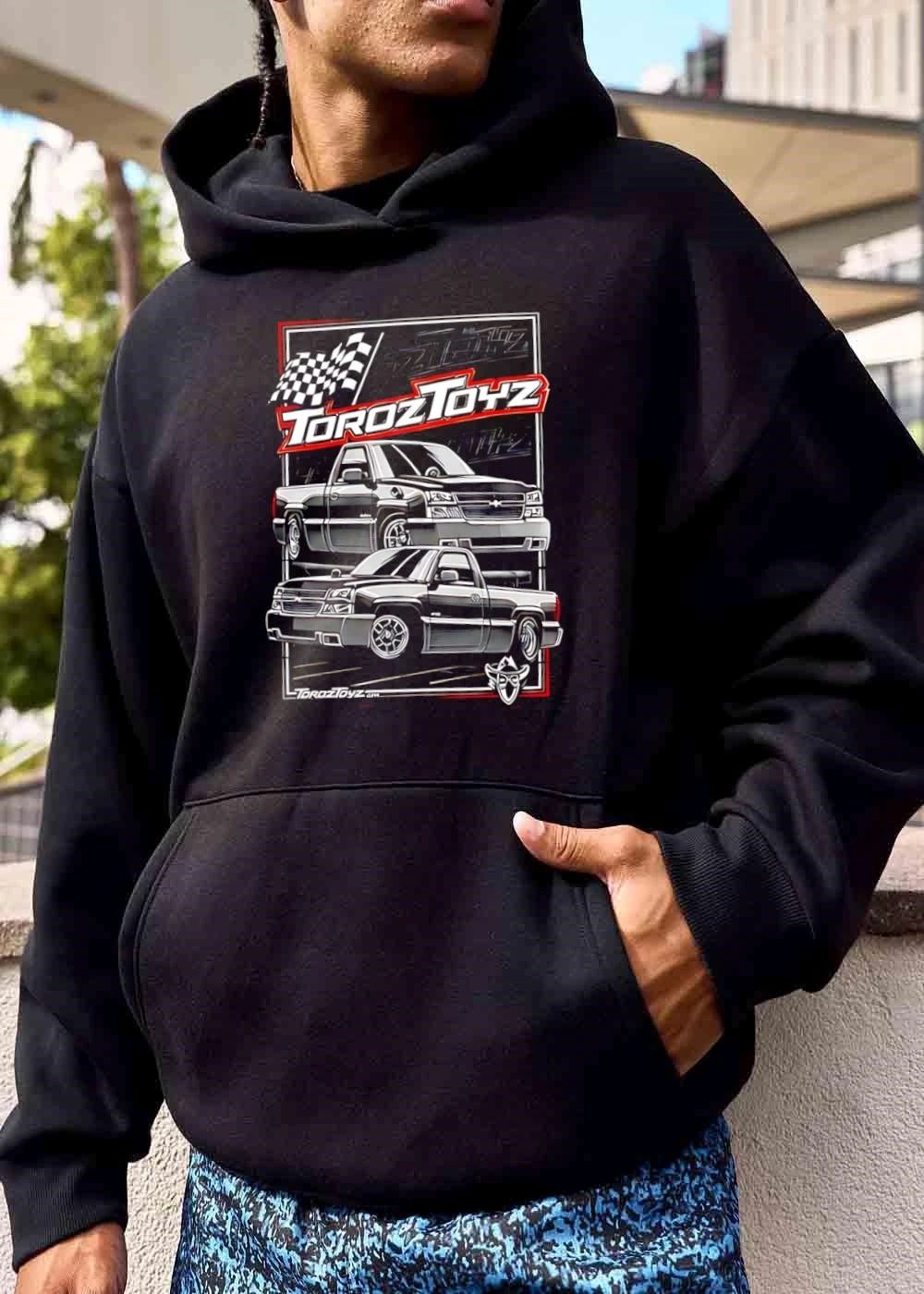 Toroztoyz Two Black Chevy Pickup Trucks Checkered Flag Line Art shirt