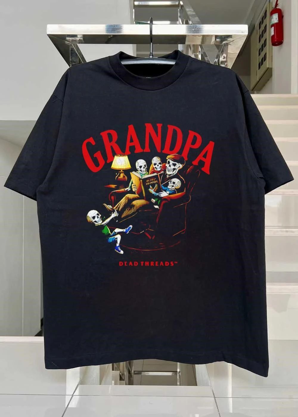 Dead Threads Grandpa Reading My First Adventure Skeleton Family shirt