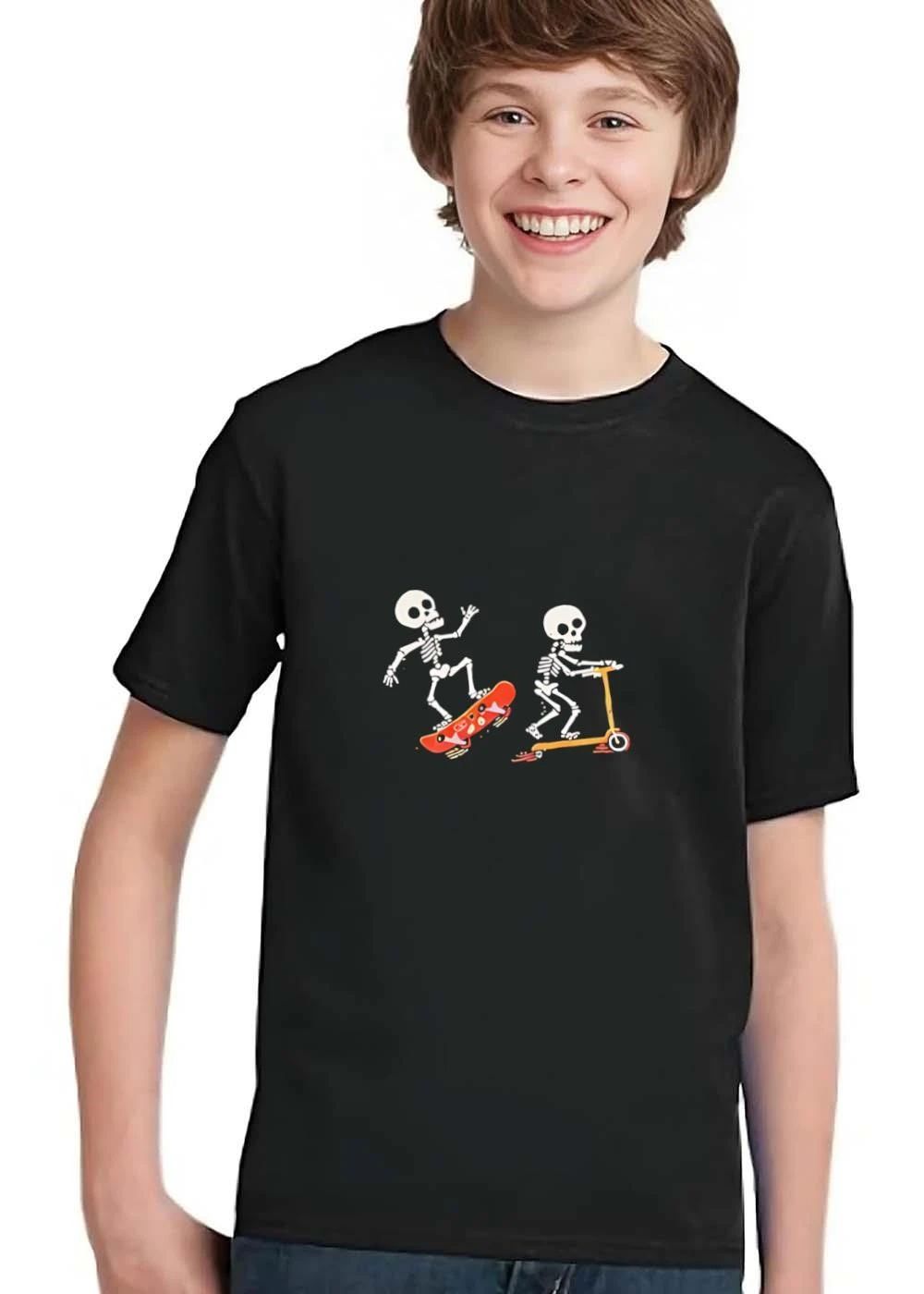 Two Cartoon Skeletons Riding Orange Skateboard And Kick Scooter shirt