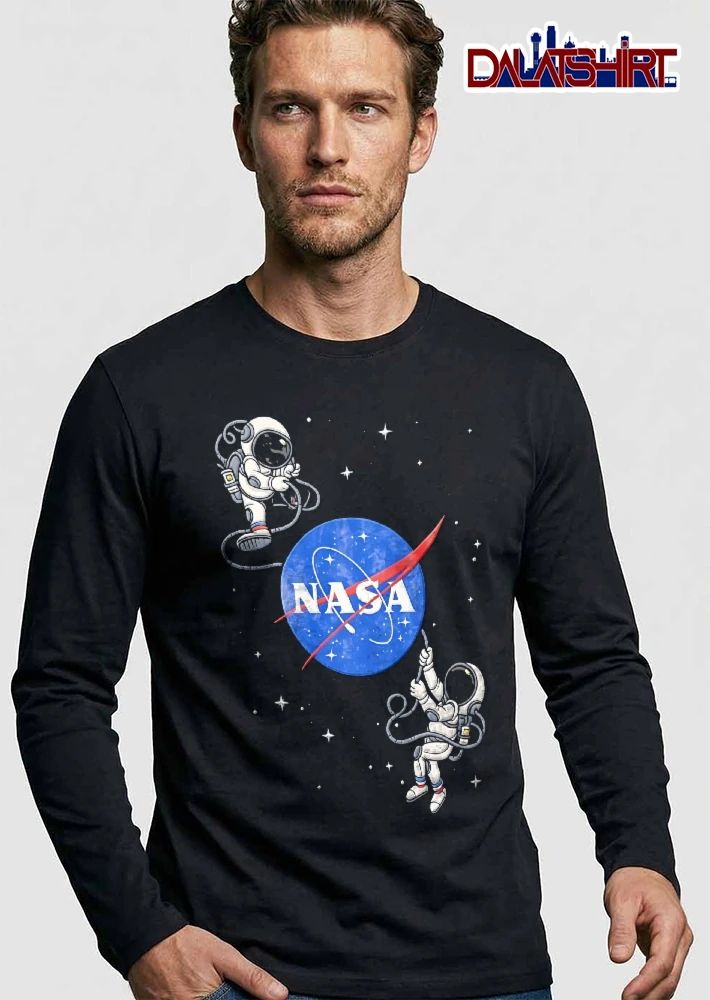 Nasa Two Cartoon Astronauts Spacewalking Floating Space shirt