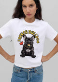 French Bulldog Cartoon Black Sitting Pet Tongue Out Collar Red Heart shirt